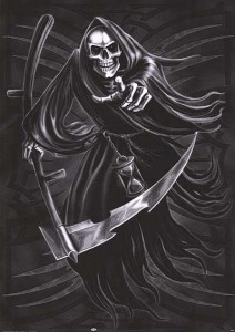 The skeletal Grim Reaper with scythe in hand