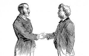 Mark Twain greets a friend with a handshake.
