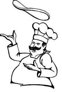 B&W drawing of chef tossing pizza pie